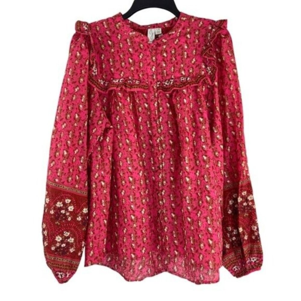 Joie Pink Button Down Long Sleeve Peasant Blouse with Ruffle Details